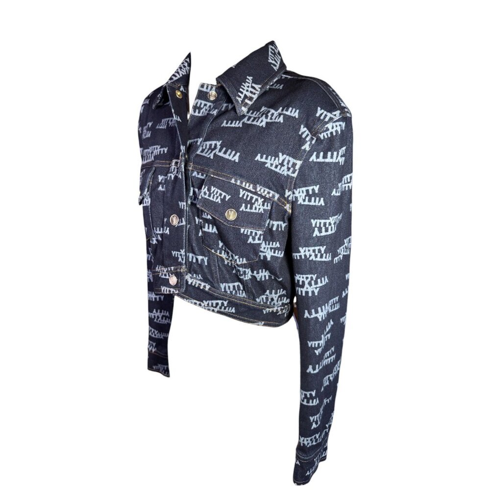 Yitty Womens Cropped Denim Jacket With Allover Logo Print & Button Front - Picture 4 of 12
